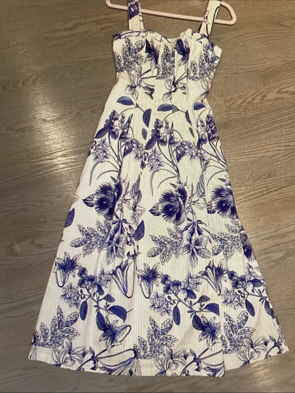Avec Les Filles White Midi Dress with Blue Floral Print